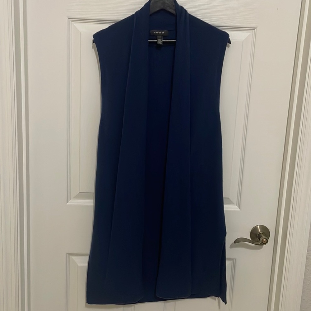 Halogen Ribbed 100% Cashmere long open vest in blue